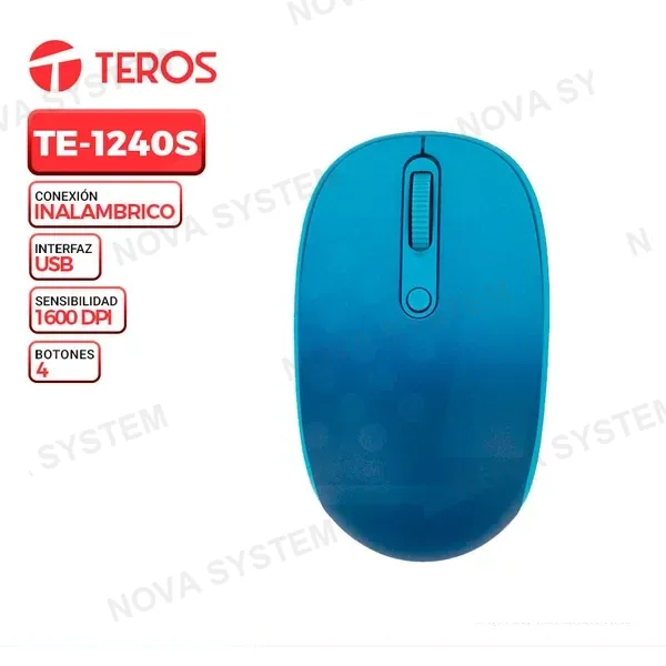 TEROS oO Mouse inalambrico Bluetooth TEROS TE-1240S, = y BT 5.0, 2.4 GHz, 4 botones, USB, color azul.