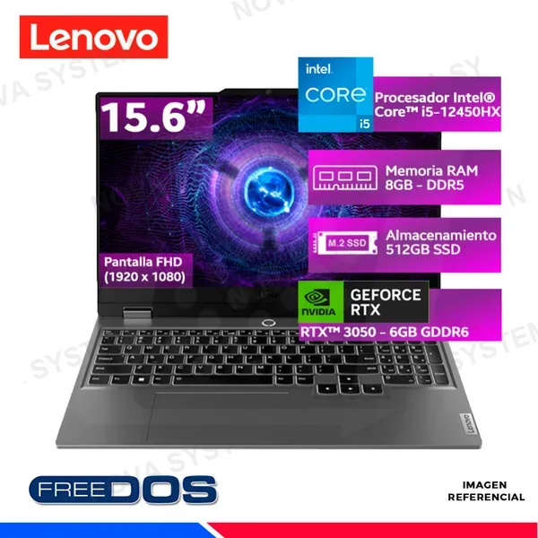 LENOVO LAPTOP LENOVO LOQ 15IAX9, Intel Core i5-12450HX, 8GB DDR5, SSD 512GB, RTX 3050, 15.6" FHD