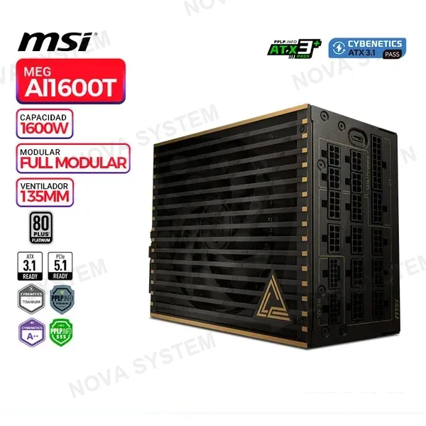 MSI FUENTE DE PODER MSI MEG Ai1600T PCIE5, 80 PLUS PLATINUM, FULL MODULAR, 1600W