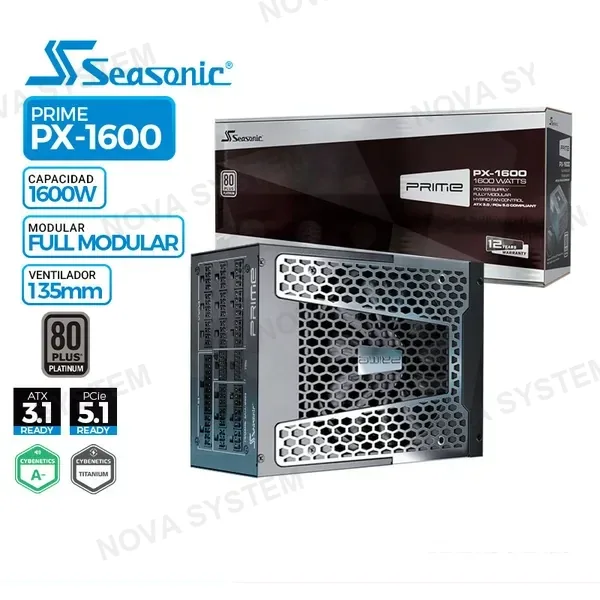SEASONIC FUENTE DE PODER SEASONIC PRIME PX-1600, 80 PLUS PLATINUM FULL MODULAR, 1600W
