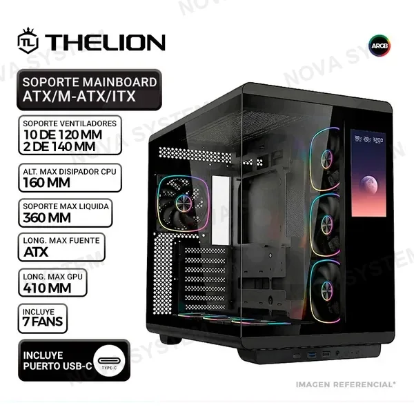 THELION CASE THELION IM600-6 BK, PANTALLA 6", USB Tipo-C, 7 Fan ARGB, VTemplado