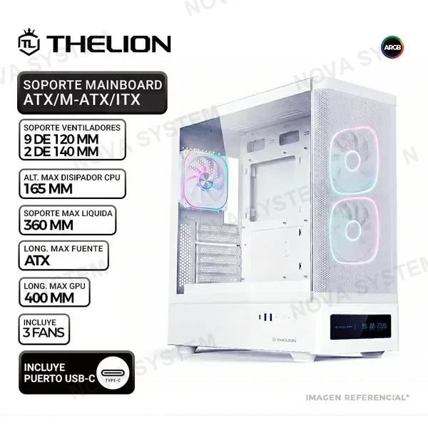 THELION CASE THELION MAGNUS MG-939 DIGITAL WH, V/TEMPLADO, 3 COOLER ARGB, USB TIPO-C