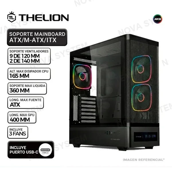THELION CASE THELION MAGNUS MG939 DIGITAL BK, V/TEMPLADO, 3 COOLER ARGB, USB TIPO-C