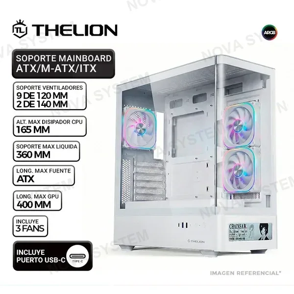 THELION CASE THELION MAGNUS MG-938 DISPLAY WH, V/TEMPLADO 3 COOLER ARGB, USB TIPO-C