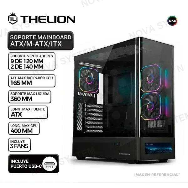 THELION CASE THELION MAGNUS MG-938 DISPLAY BK, V/TEMPLADO, 3 COOLER ARGB, USB TIPO-C