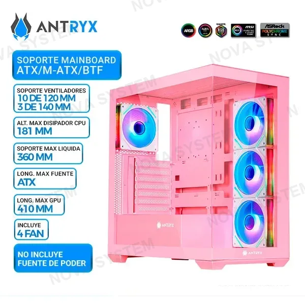 ANTRYX CASE ANTRYX FX 750 PINK, 4 COOLER ARGB, USB TIPO C, V/TEMPLADO