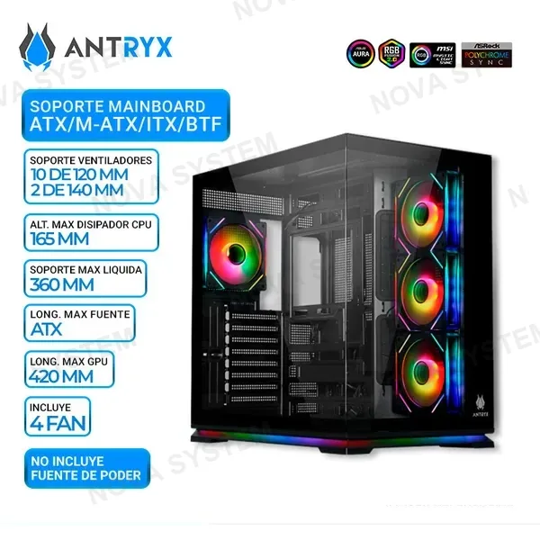 ANTRYX CASE ANTRYX FX-870 PRO BLACK, 4 FAN ARGB, USB TIPO-C, V/TEMPLADO
