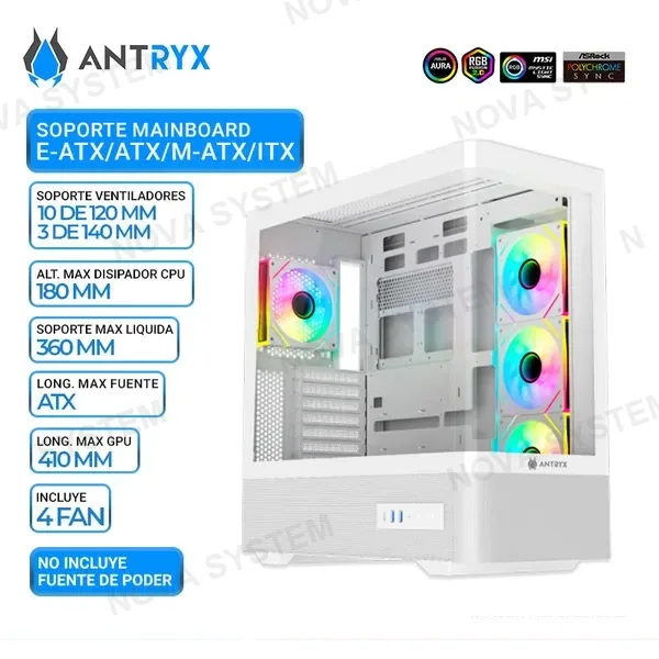 ANTRYX CASE ANTRYX FX 830 WHITE, FAN x4 ARGB, USB TIPO-C, V/TEMPLADO