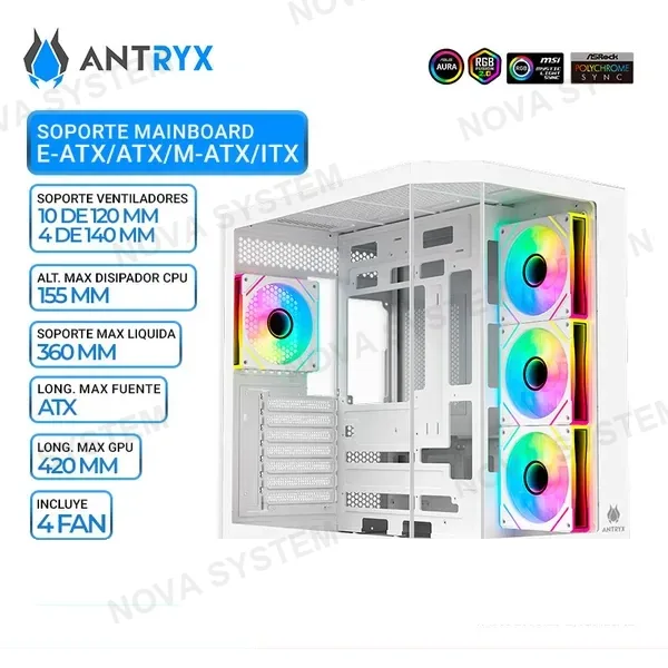 ANTRYX CASE ANTRYX FX 800 WHITE, FAN x4 ARGB, USB TIPO-C, V/TEMPLADO