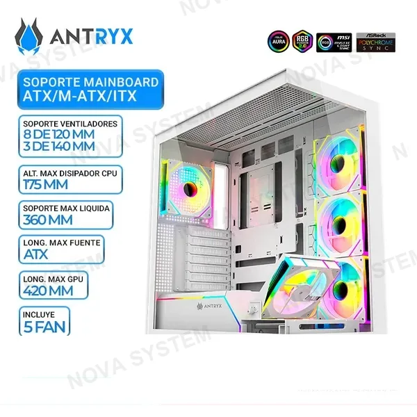ANTRYX CASE ANTRYX FX 850 PRO WHITE, FAN x5 ARGB, USB TIPO C, V/TEMPLADO