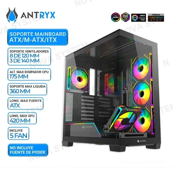 ANTRYX CASE ANTRYX FX 850 PRO BLACK, FAN x5 ARGB, USB TIPO-C, V/TEMPLADO