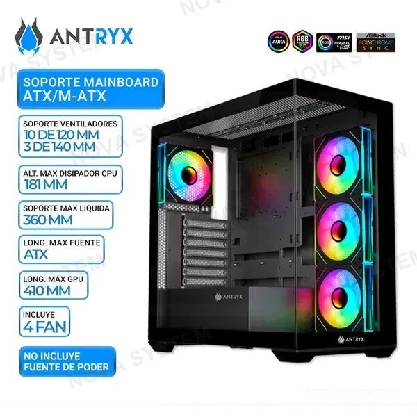 ANTRYX CASE ANTRYX FX 750 BLACK, 4 COOLER ARGB, USB TIPO C, V/TEMPLADO