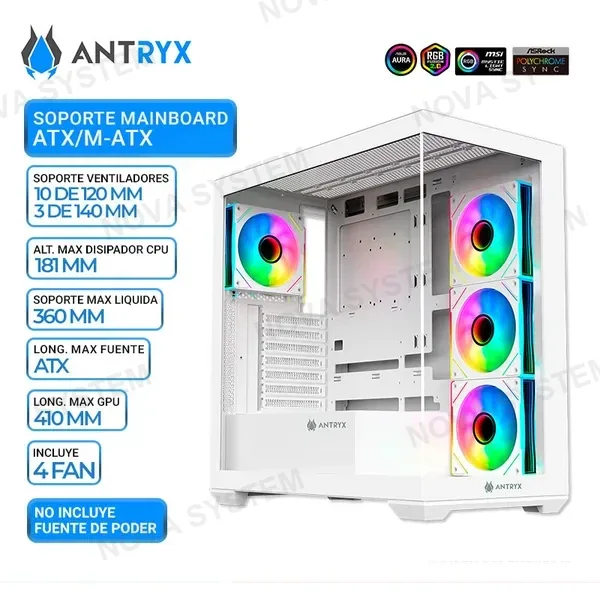 ANTRYX CASE ANTRYX FX 750 WHITE, 4 COOLER ARGB, USB TIPO C, V/TEMPLADO