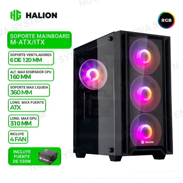 HALION CASE GAMER HALION RAGNAROK 320, F/550W, 4 COOLER RGB, V/TEMPLADO