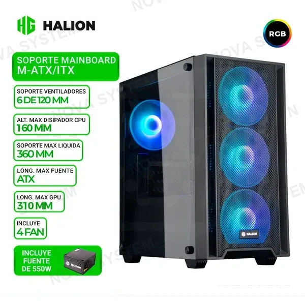 HALION CASE GAMER HALION RAGNAROK 321, F/550W, 4 COOLER RGB, V/TEMPLADO