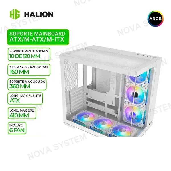HALION CASE GAMER HALION FISH TANK C708, BLANCO, 6 COOLER ARGB, V/TEMPLADO