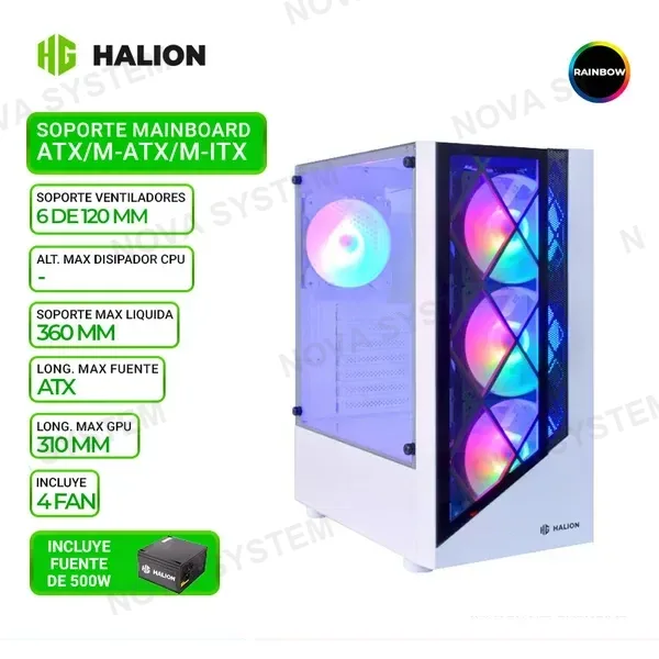 HALION CASE GAMER HALION DRAGON CR15 BLANCO, F/500W, RAINBOW, V/TEMPLADO