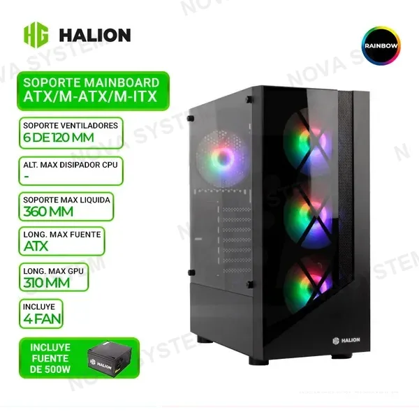 HALION CASE GAMER HALION DRAGON CR15, F/500W, RAINBOW, V/TEMPLADO