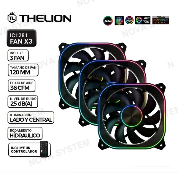 THELION COOLER DE CASE THELION IC1281, FAN ARGB, 120mm x3, C/Controlador, BLACK