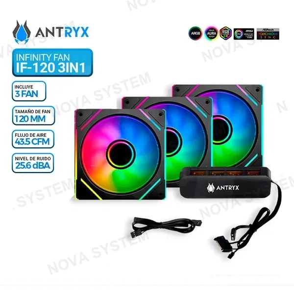 ANTRYX KIT ARGB ANTRYX IF-120 INFINITY FAN BLACK 120mm x 3, C/Controlador