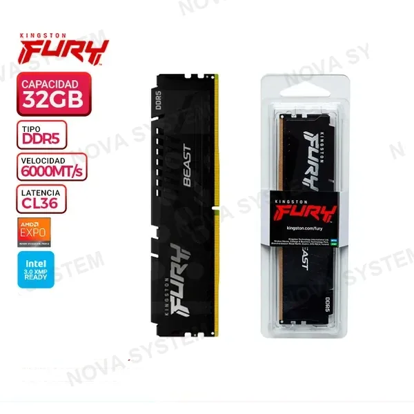 KINGSTON MEM. RAM KINGSTON FURY BEAST, 32GB DDR5 6000MT/s CL36
