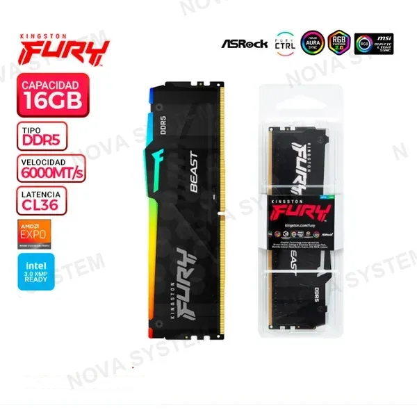 KINGSTON MEM. RAM KINGSTON FURY BEAST, RGB, 16GB DDR5 6000MT/s, CL36