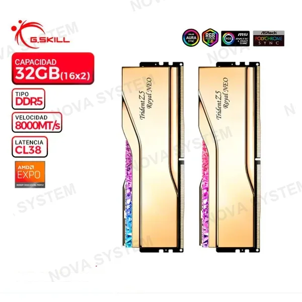G.SKILL MEM. RAM G.SKILL TRIDENT Z5 ROYAL NEO, GOLD, 32GB (16x2) DDR5 8000MT/s, CL38