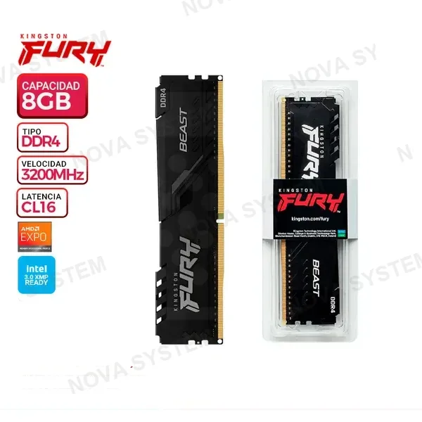KINGSTON MEM. RAM KINGSTON FURY BEAST, 8GB DDR4 3200MHZ, CL16
