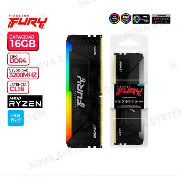 KINGSTON MEM. RAM KINGSTON FURY BEAST RGB, 16GB DDR4 3200 MHz.