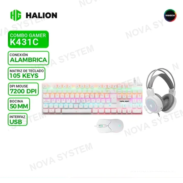 HALION KIT GAMING HALION ICECOOL HA-K431C WHITE, TECLADO SWITCH RED, MOUSE Y AURICULAR