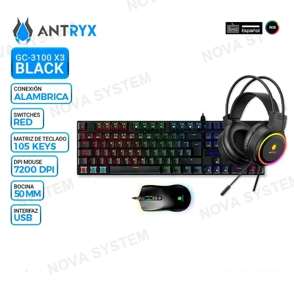 ANTRYX KIT GAMING ANTRYX GC-3100 X3 BLACK, TECLADO SWITCH RED, MOUSE, AURICULAR