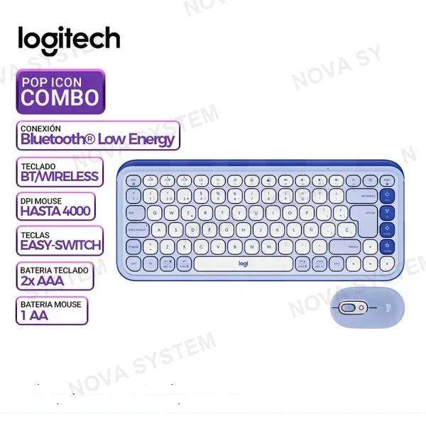 LOGITECH COMBO LOGITECH TECLADO + MOUSE POP ICON, BT/WIRELESS, LILA
