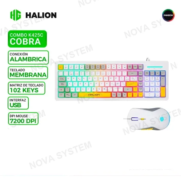 HALION KIT GAMER HALION COBRA K425C, Teclado y Mouse, Rainbow