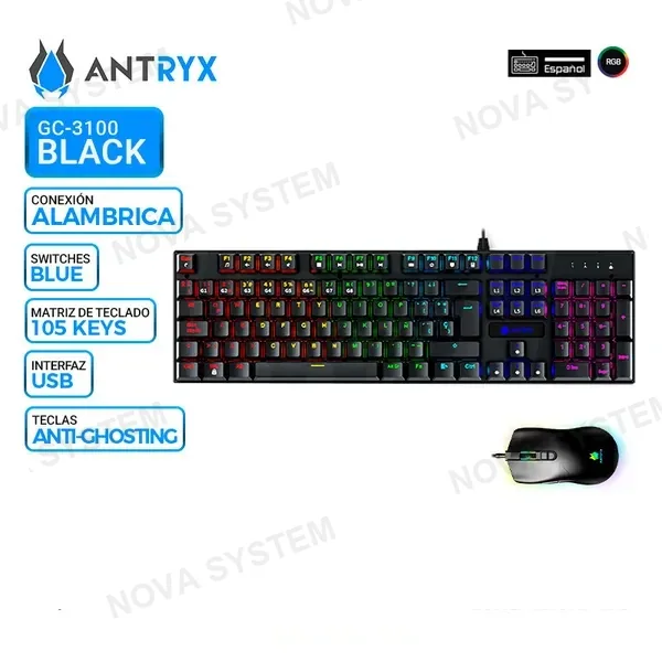 ANTRYX KIT GAMING ANTRYX GC-3100 BLACK, TECLADO SWITCH BLUE Y MOUSE