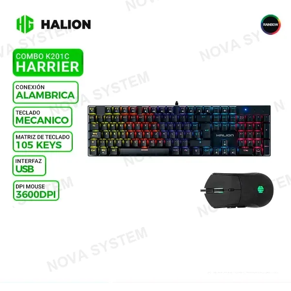 HALION KIT GAMING HALION HARRIER K201C, TECLADO MECANICO + MOUSE, SWITCH RED, RAINBOW