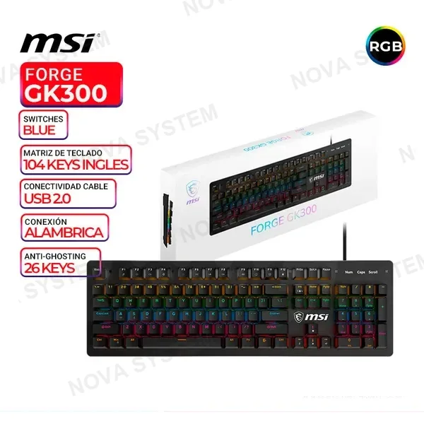 MSI TECLADO MECANICO MSI FORGE GK300, SWITCHES BLUE US, RGB