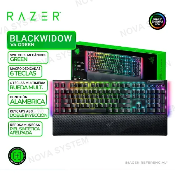 RAZER TECLADO RAZER BLACKWIDOW V4, MECANICO, SWITCH GREEN, RGB BLACK