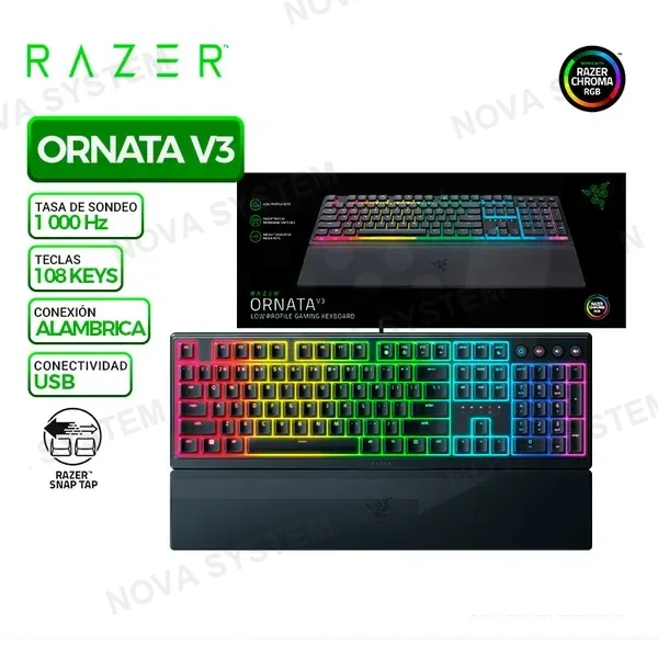 RAZER TECLADO RAZER ORNATA V3, SWITCH MEMBRANA MECANICA LOW PROFILE CHROMA BLACK