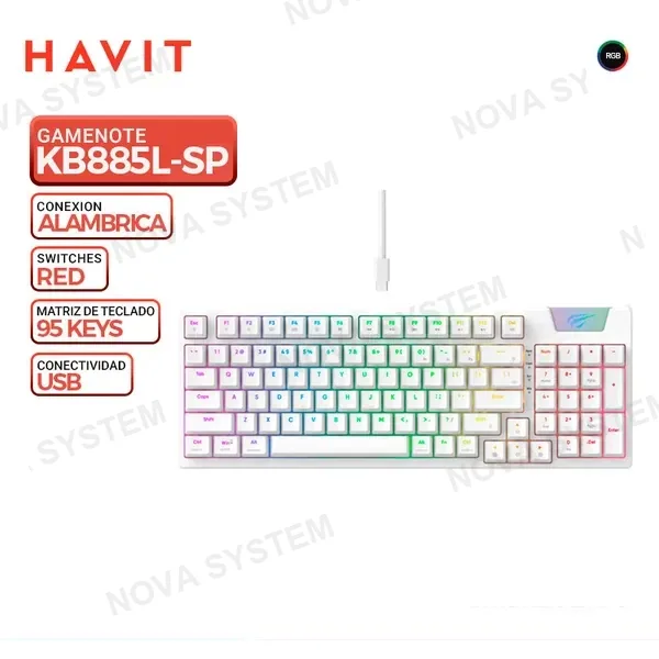 HAVIT TECLADO HAVIT GAMENOTE KB885L-SP, MECANICO, SWITCH RED, LED-RGB