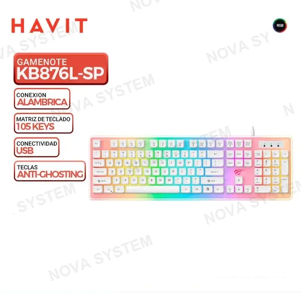 HAVIT TECLADO HAVIT GAMENOTE KB876L-SP, MEMBRANA, LED-RGB