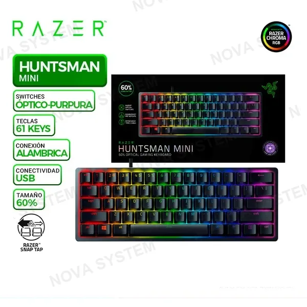 RAZER TECLADO RAZER HUNTSMAN, MECANICO, MINI ÓPTICO, SWITCH PURPURA, BLACK