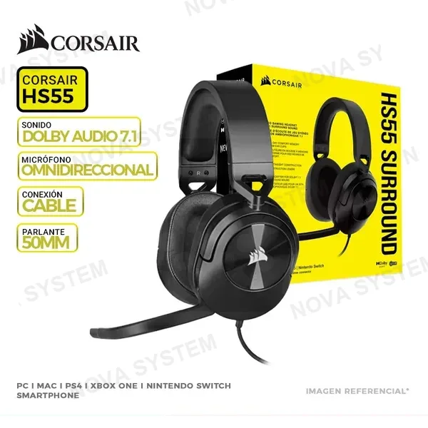 CORSAIR AURICULAR GAMING CORSAIR HS55 SURROUND, SONIDO ENVOLVENTE DOLBY AUDIO 7.1