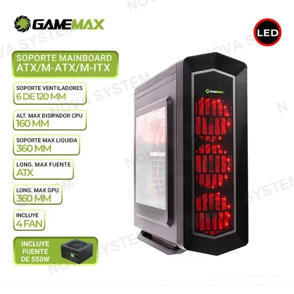 GAMEMAX CASE GAMING GAMEMAX ASGARD LED ROJO GE550