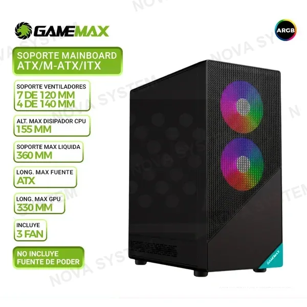 GAMEMAX CASE GAMING GAMEMAX FOCUS, 3 COOLER ARGB, V/TEMPLADO