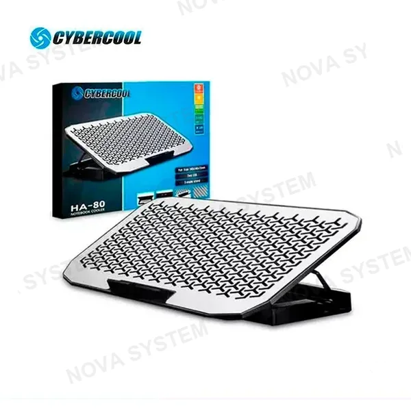 COOLER PARA LAPTOP CYBERCOOL HA-80, BASE ALUMINIO, 2 COOLER 14 CM, LED AZUL