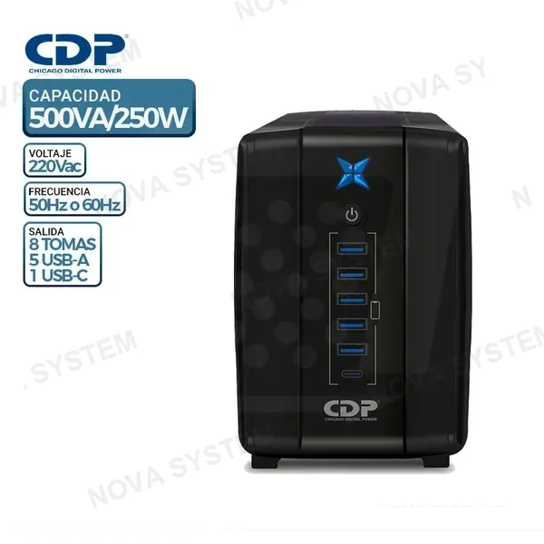 UPS CDP R-UPR508i, 500VA/250W, 8 Tomas, 5 USB Tipo-A, 1 USB Tipo-C