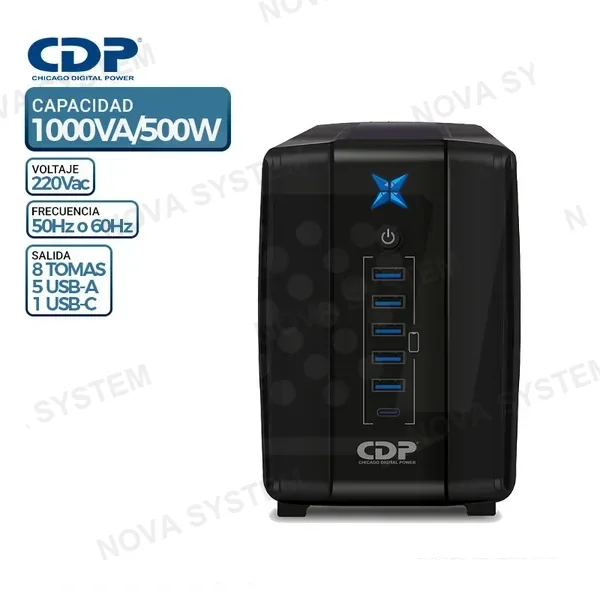 UPS CDP R-UPR1008i, 1000VA/500W, 8 Tomas, 5 USB Tipo-A, 1 USB Tipo-C
