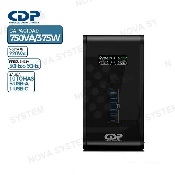 UPS CDP R-SMART751I, 750VA/375W, 10 Tomas, 5 USB Tipo-A, 1 USB Tipo-C