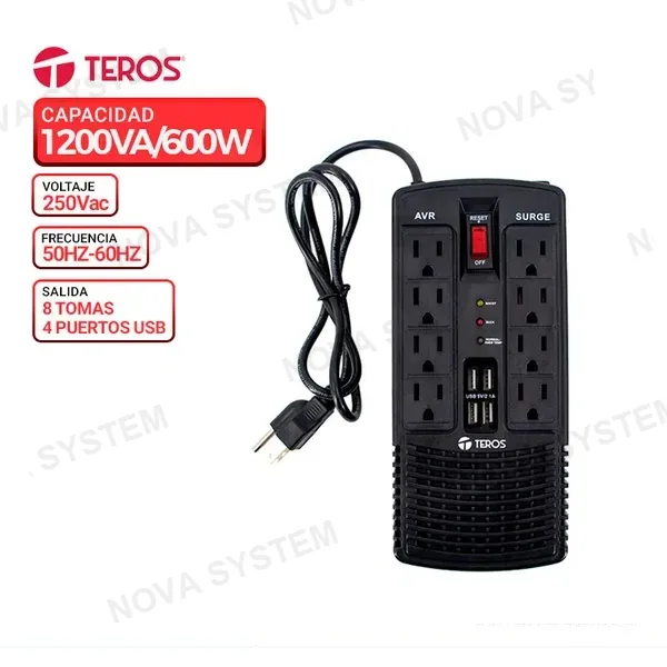 TEROS ESTABILIZADOR TEROS TE-7180N AVR 1200VA/600W, 4 PUERTOS USB