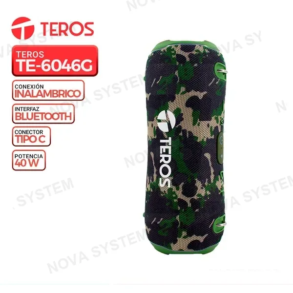 TEROS PARLANTE TEROS TE-6046G, BLUETOOTH, 40W, 3600mAh, VERDE MILITAR
